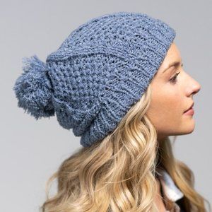 Denim Blue Soft Cable Open Knit Pom Beanie